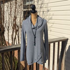 Bellini Gray Cowl Neck Knit Tunic with Grommet Detail